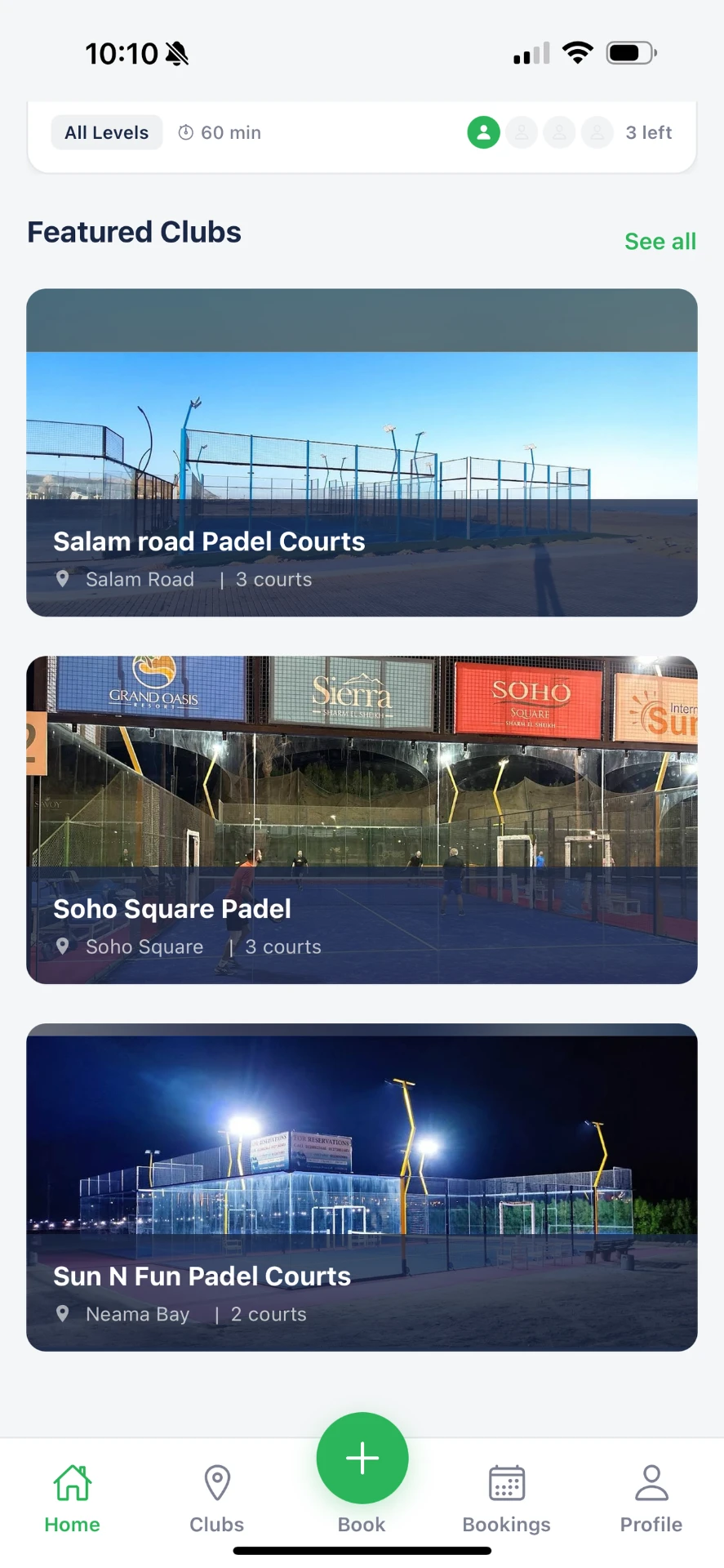 Featured padel clubs listed in the Padel Sharm app